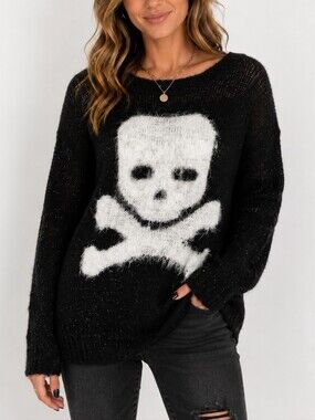 SWEATER PROJECT | Women's Black Eyelash Knit Skull Metallic Sparkle Sweater Size
